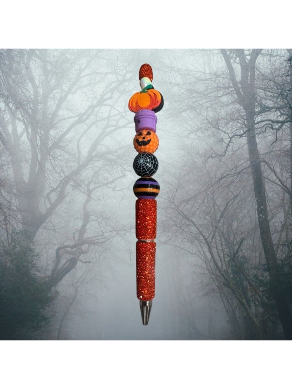 Halloween-Themed Beaded Glitter Pen With Pumpkin & Spiderweb Details